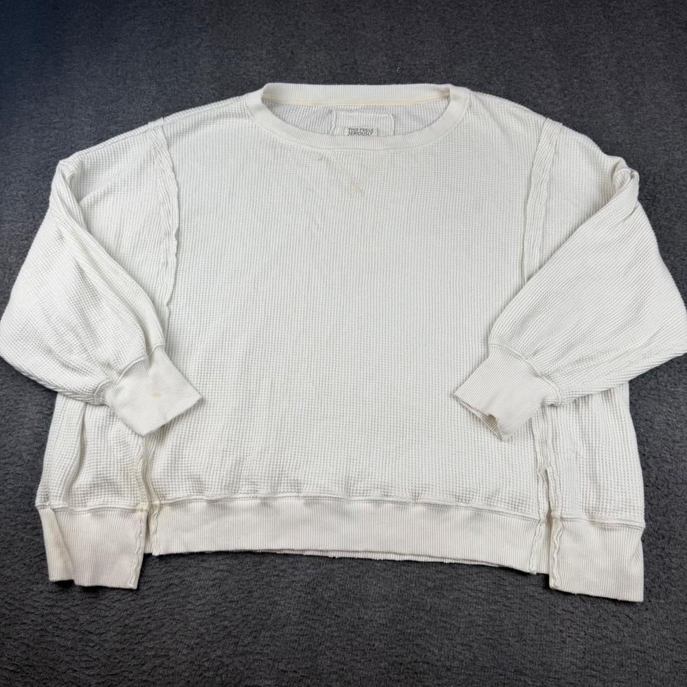American Eagle Sweatshirt Women's Large White Waffle Knit Lived-In Pullover